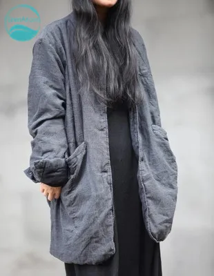 Cheap LinenAll women or men's gray winter thin 100% linen cotton-padded jacket handmade suit collar coat outerwear limited edition YMM