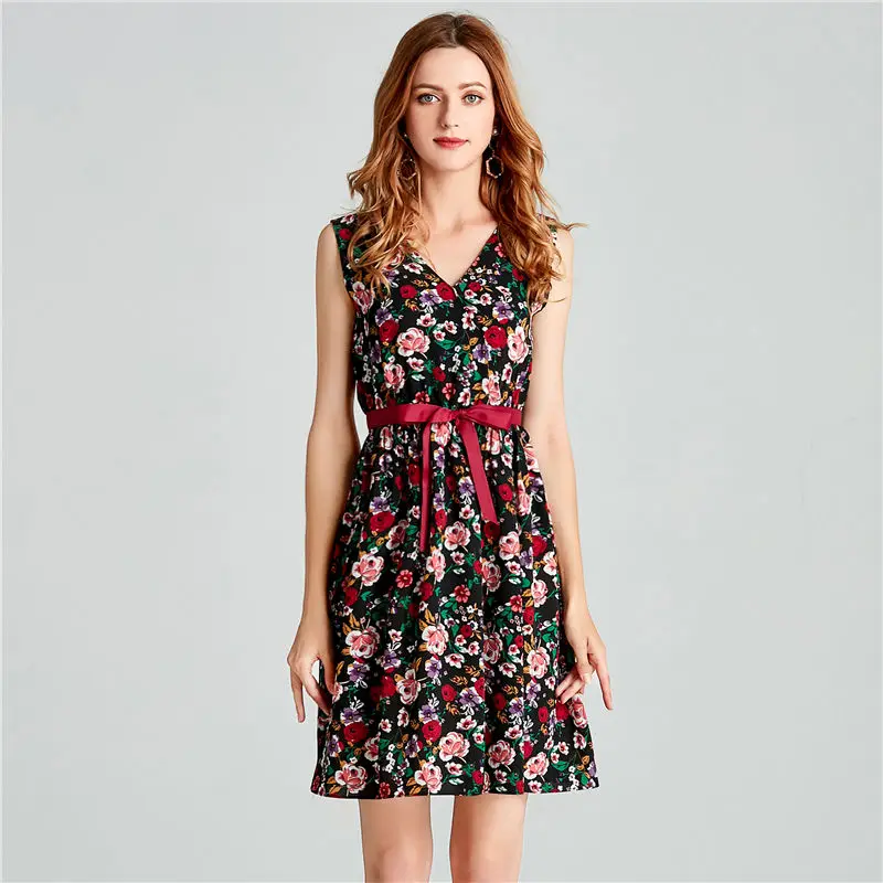 

Women Slim Sleeveless Floral Dress Slim Summer Flower Elegant V Neck Casual Dresses Fashion With Belt 2018 New
