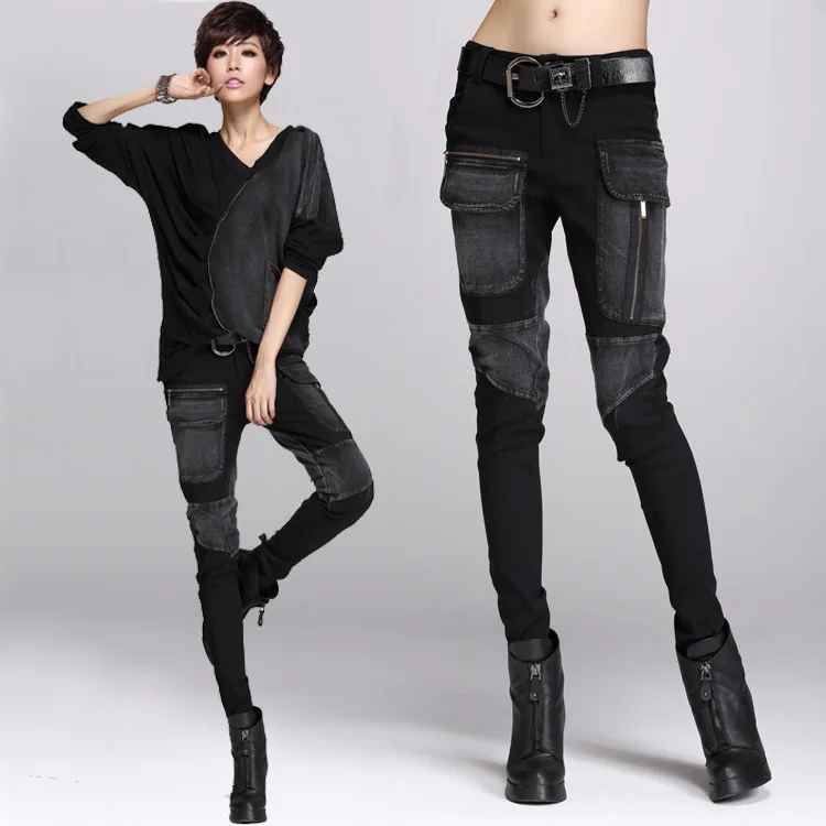 

2016 spring new personalized multi zipper jeans casual pants slim loose pants Haren tide