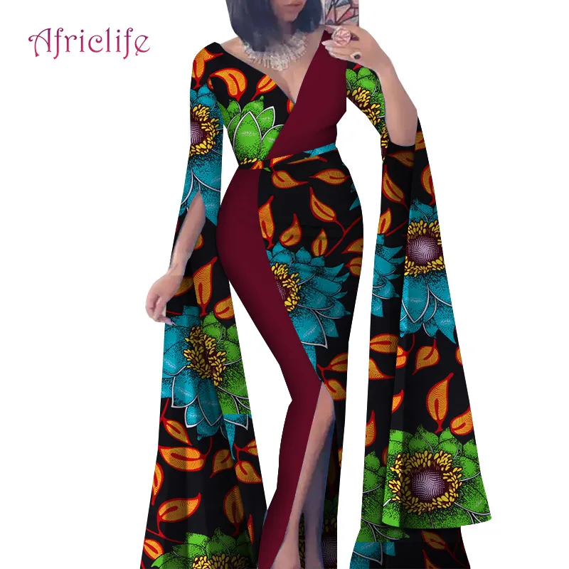 Сегодня предложение Африканский Базен ткань платье для бассейна Сексуальные Женщины Глубокий V дизайн лоскутное вилка Африканский принт платья юбка WY4636 - Цвет: 6