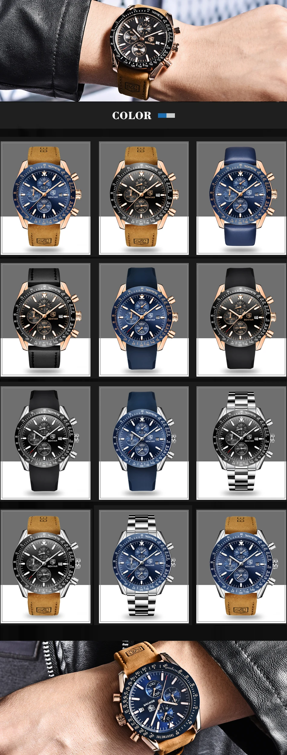 BENYAR мужские часы брендовые Роскошные водонепроницаемые спортивные кварцевые часы с хронографом военные мужские часы Relogio Masculino Zegarek Meski