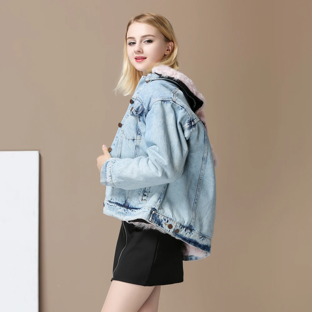Parkas Rose Réel Agneau Jeans Femelle D'hiver Pardessus Marque Denim Manteau Doublure 2017 Femmes Laine Veste Hiver Naturel Fourrure 6tqCU