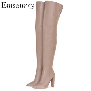 

New Arrival Over The Knee Boots Women Sexy Pointed Toe Chunky Heel Black High Heel Boots Fashion Runway Botas Mujer
