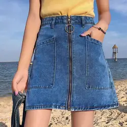 Проблемные юбка-трапеция синие джинсы Для женщин пикантные Повседневное летом мини юбки мода передняя молния открытых кармана комбинация