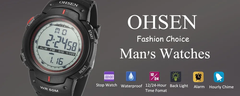 Новинка OHSEN цифровые электронные мужские спортивные наручные часы для мальчиков 50 м водонепроницаемый черный силиконовый ремешок модные ЖК-часы для активного образа жизни подарок