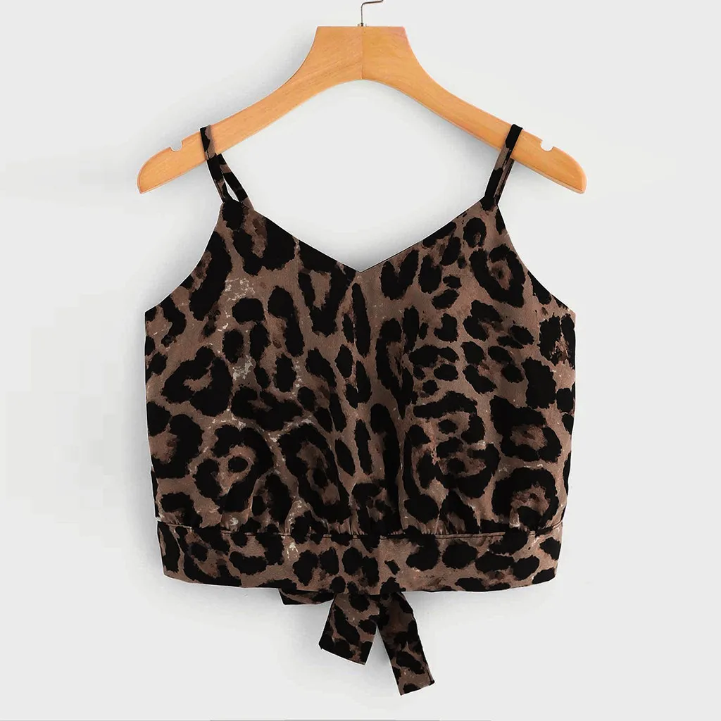 Модные пикантные вечерние укороченный топ Для женщин футболка с леопардовым принтом Для женщин лук леди с v-образным вырезом спинки
