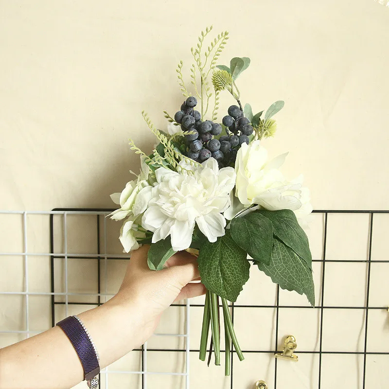 

2019 Bridal Bouquet Peony Dahlia Berry Simulation Flower Wedding Favors And Gifts Home Garden Decoration Silk Artificial Flowers