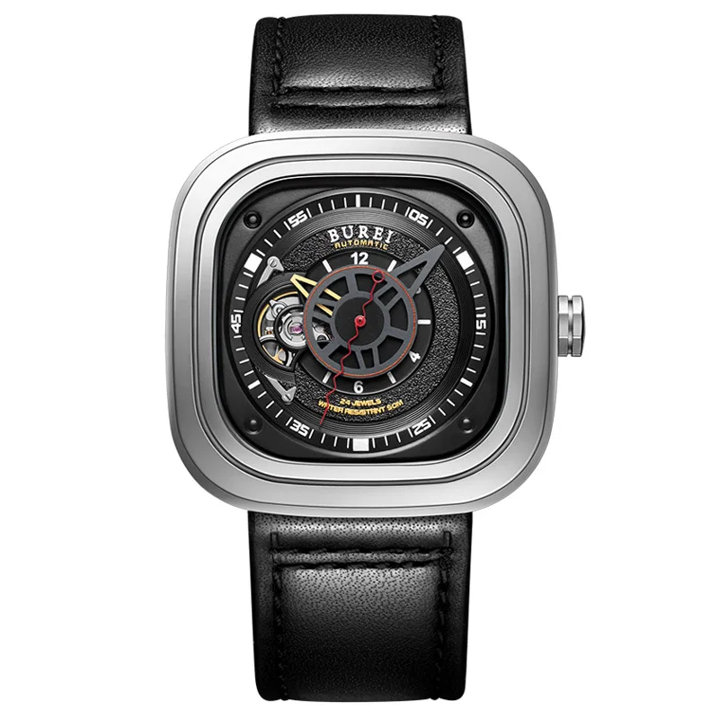 

BUREI geneva watch Switzerland brand skeleton Square japan Time Module NH38 24 jewels automatic ruby jewelery Sapphire gray