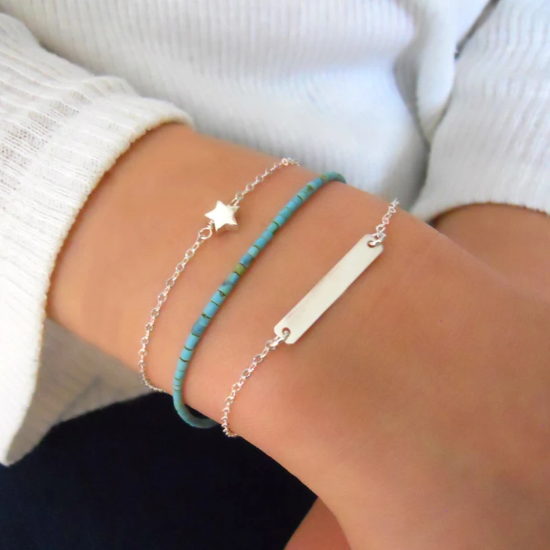 

KBJW Boho Jewelry Unit 3pcs/set Star Charm Nature Stone Beaded Chain Metal ID Bar Bracelet Gold/silver color bracelet for women