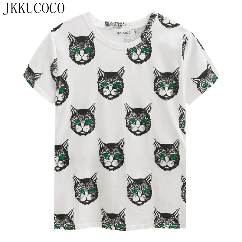 JKKUCOCO Green Eyes Cat Print Women t shirt Short Sleeve O neck Casual