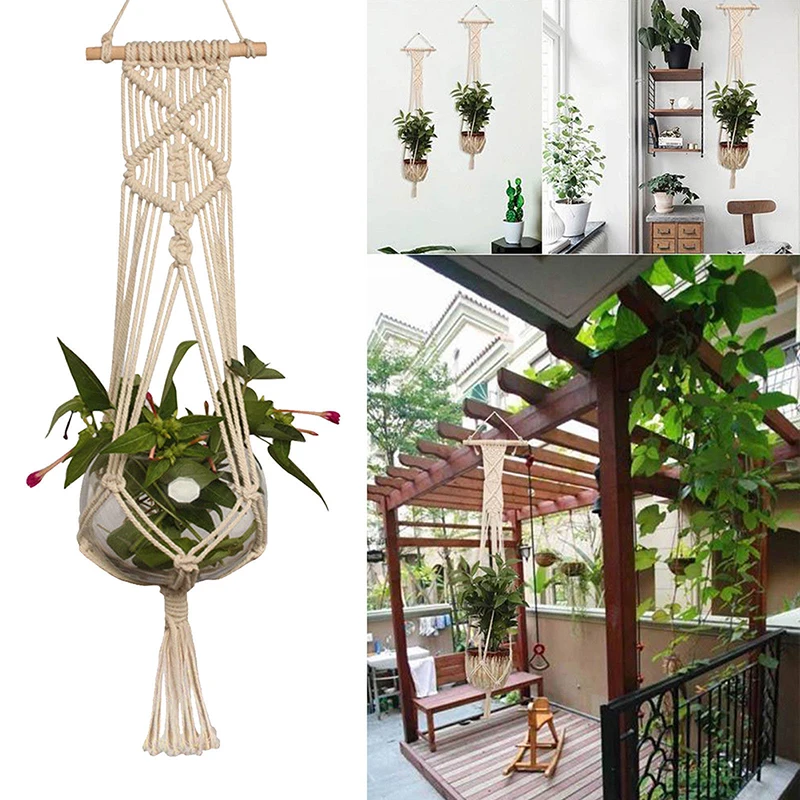 Indoor Outdoor Hand Knit Hanging Planter Wood Stick Basket Wall Art