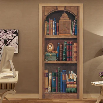 

Self-Adhesive Door Sticker European Style Retro 3D Bookshelf Oil Painting Wallpaper Living Room Study Room Home Decor 3D Sticker