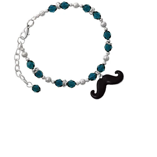 Silvertone Large Black Enamel Mustache Navy Blue Beaded Bracelet
