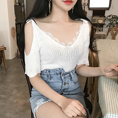 white t shirt Shintimes тонкая Кружевная футболка с бантом и открытыми плечами для женщин, трикотажная летняя футболка с v-образным вырезом в Корейском стиле, женская короткая футболка Femme - Цвет: white t shirt