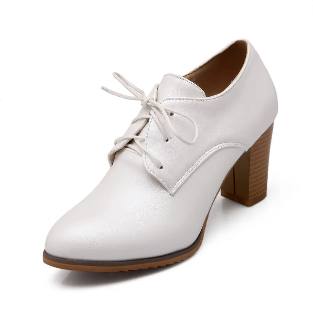 Обувь размера плюс 33-43; женские туфли-лодочки со шнурками; весенние туфли на высоком массивном каблуке; модная Офисная женская элегантная обувь; - Цвет: Белый