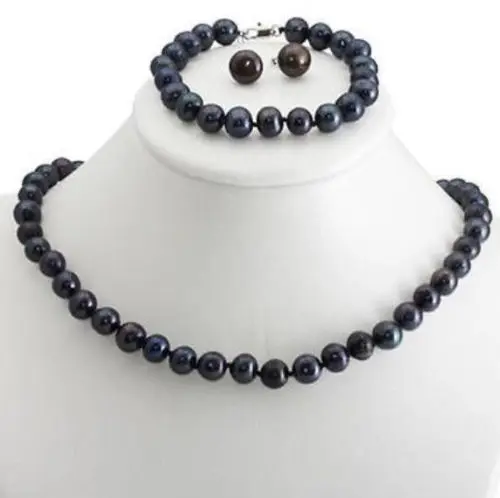 

07899 Black Pearl Necklace Bracelet Earrings Set