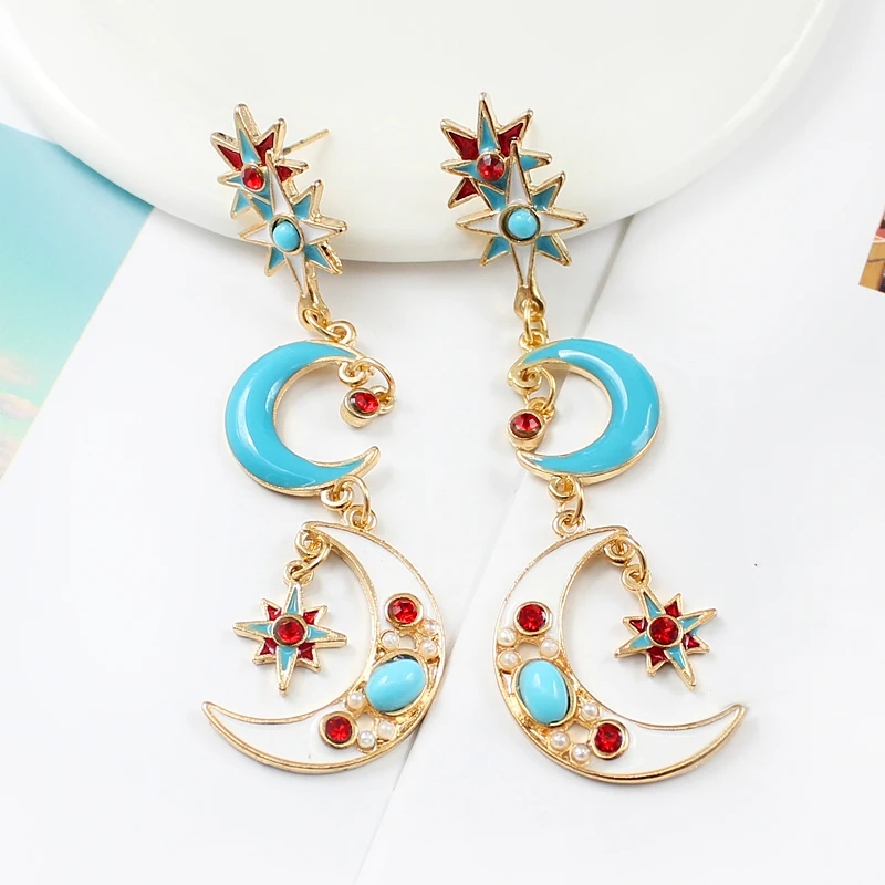 

Europe and America Retro Long Moon Earrings Bohemian Enamel Geometric Stars Red Crystal Pearl Pendant Female Elegant Jewelry