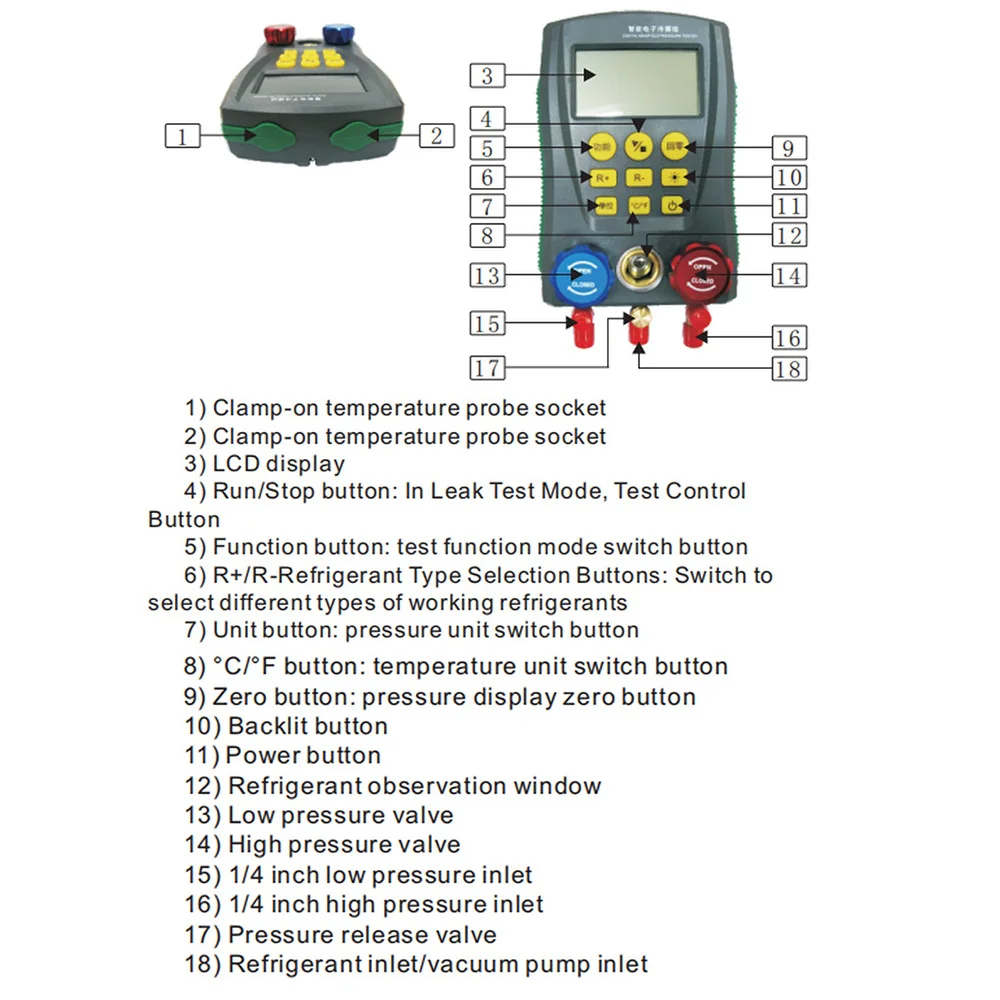 Pressure Gauge Pressure Manifold Tester Refrigeration Digital Vacuum Meter HVAC Temperature Tester Valve Tool Kit DY517A