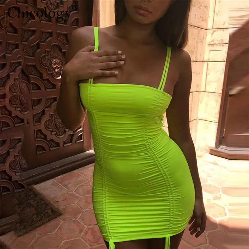 

Chicology thin spaghetti straps neon mini dress 2019 summer women sexy sleeveless bodycon outfit party club festival clothes
