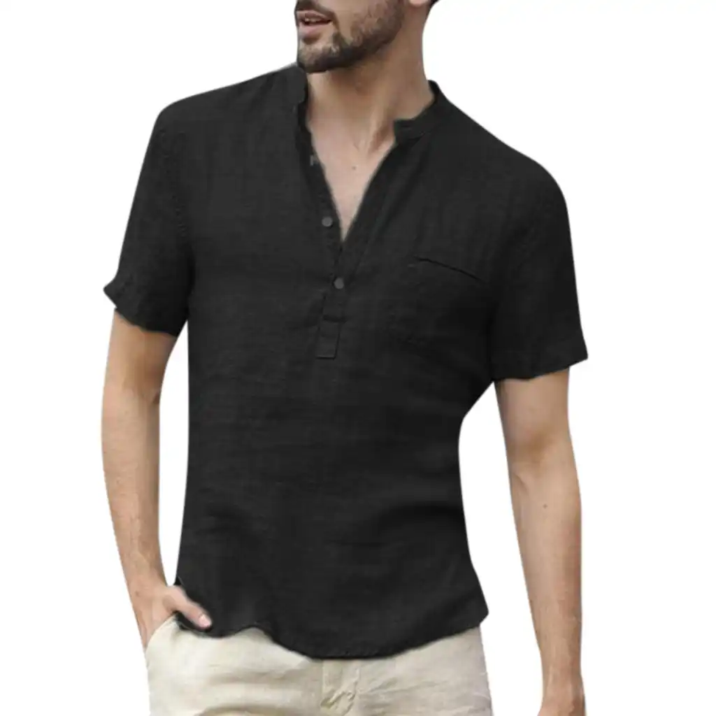 Mens Short Sleeve T Shirts Tops Baggy Linen Cotton Retro V Neck Casual Blouse