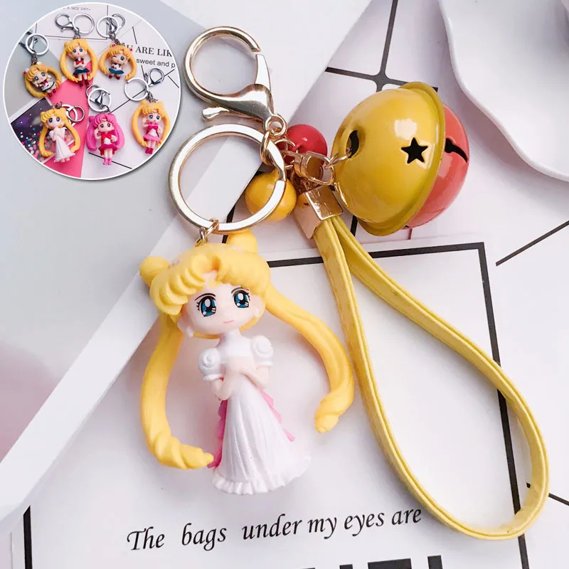 

Kawaii Cartoon Sailor Moon Figure Bag Pendant Keychains Women Girl Anime Keyring Leather Rope Key Holder Jewelery Key Chain Gift