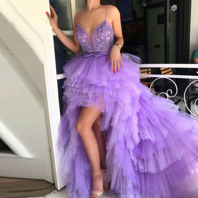 Sexy Spaghetti Straps High Low Prom Dresses Tiers Beads Tulle African Ball Cheap Party Formal Evening Formal Gowns Robe De Soiree139