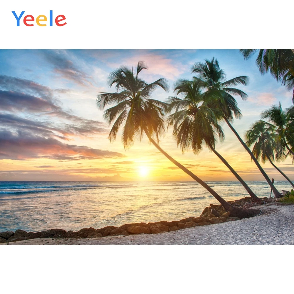 

Yeele Sunset Cloud Sea Beach Palm Tree Sun Summer Photography Backgrounds Customized Photographic Backdrops for Photo Studio