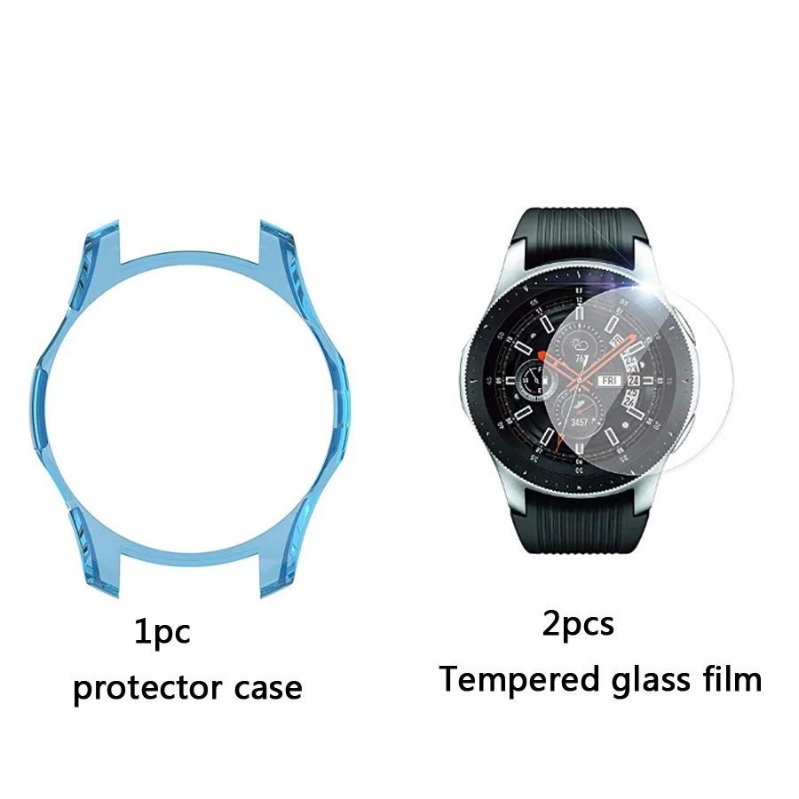 4в1 силиконовый ремешок для часов+ защитный чехол+ Закаленное стекло пленка для samsung galaxy Watch 42 46 мм ремешок для часов защитный чехол стеклянная пленка - Цвет: Blue case