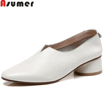 

ASUMER 2020 fashion spring autumn shoes woman square toe thick heel pumps women shoes genuine leather med heels shoes