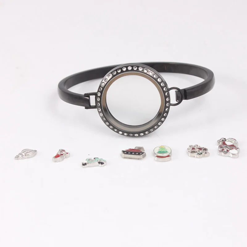 

Black Crystal Stainless Steel Floating Locket Bangles Round Screw Plain Floating Living Locket Bracelets Bangles
