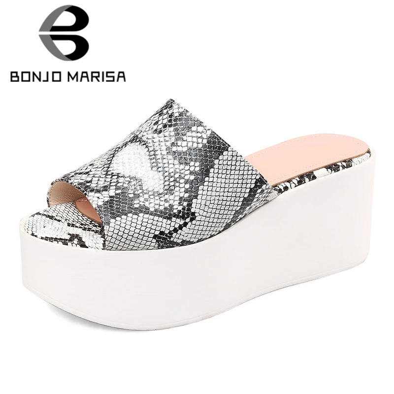 

BONJOMARISA 2019 Brand New women's Genuine Leather Flat Platform Women Shoes Woman Casual Party Outside Summer Slippers Female