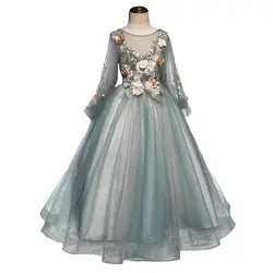 EXNY/платье принцессы с длинными рукавами, на шнуровке, с бусинами сзади, с цветами, длиной до пола, платье с цветочным узором для девочек