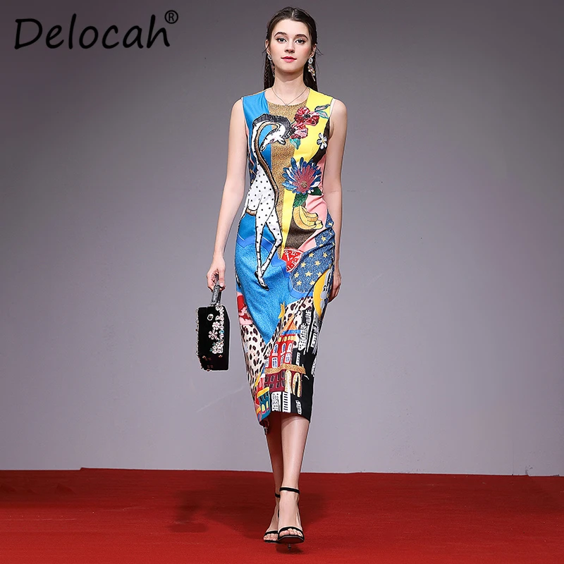 

Delocah Women Spring Summer Dress Runway Fashion Designer Sleeveless Gorgeous Appliques Animal Printed Slim Elegant Step Dresses