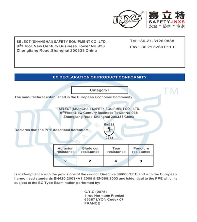 Безопасность-inxs n10658 Анти Cut Перчатки EC Сертификация HPPE лайнер ПУ окунул ладони анти-резка носимых защиты Перчатки