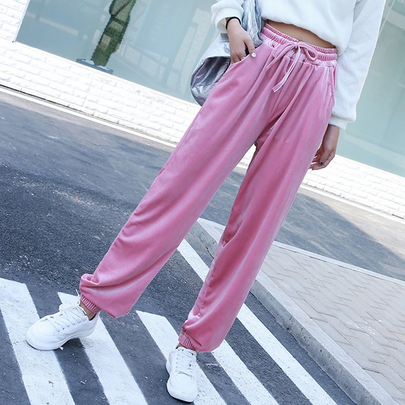 

Autumn Winter Women Gold Velvet Pants Elastic Drawstring High Waisted Loose Side Full Trousers Casual Velour Sweatpants Femme