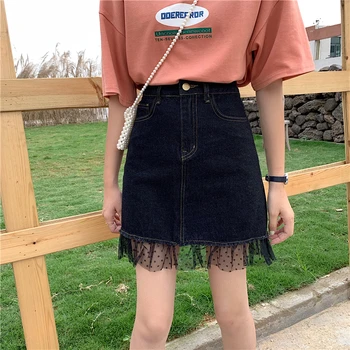 

2020 denim skirt midi skirt women skirt pockets denim patchwork mesh dot skirt casual a line lace elegant female skirt