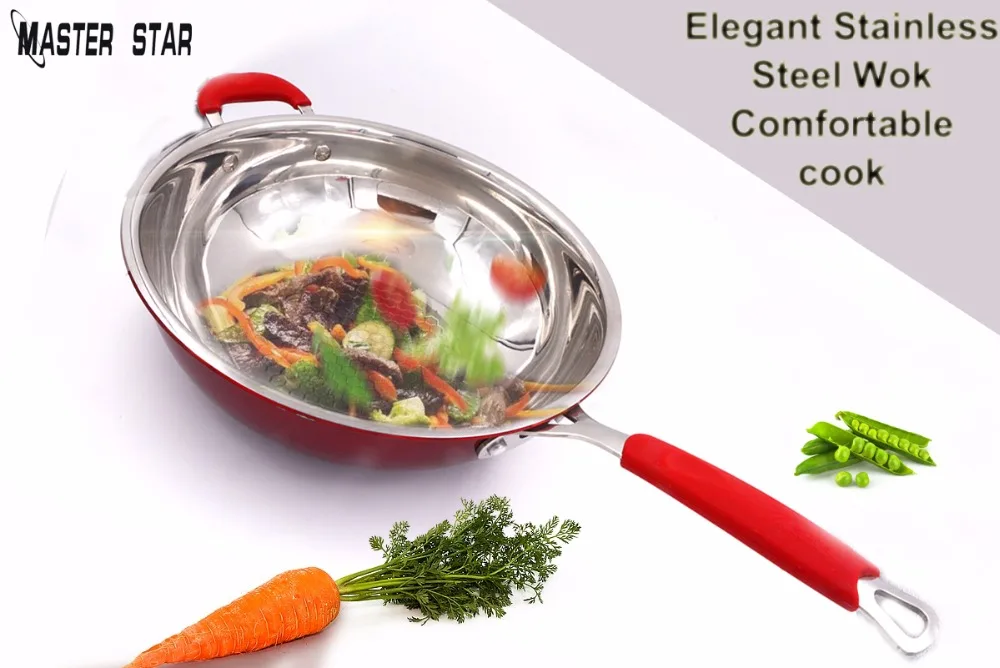 Master Star элегантный китайский ВОК 304 из нержавеющей стали, для вок красная сковорода антипригарная не Lampblack большая кухонная посуда индукционная плита