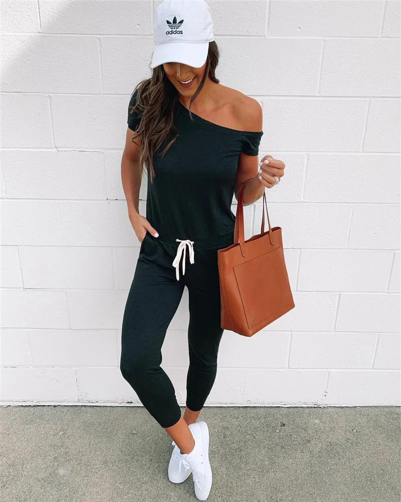 

Off Shoulder Long Rompers Womens Jumpsuit Summer 2019 Short Sleeve Casual Jumpsuits Fitness Bodysuit Tracksuit Black Overalls