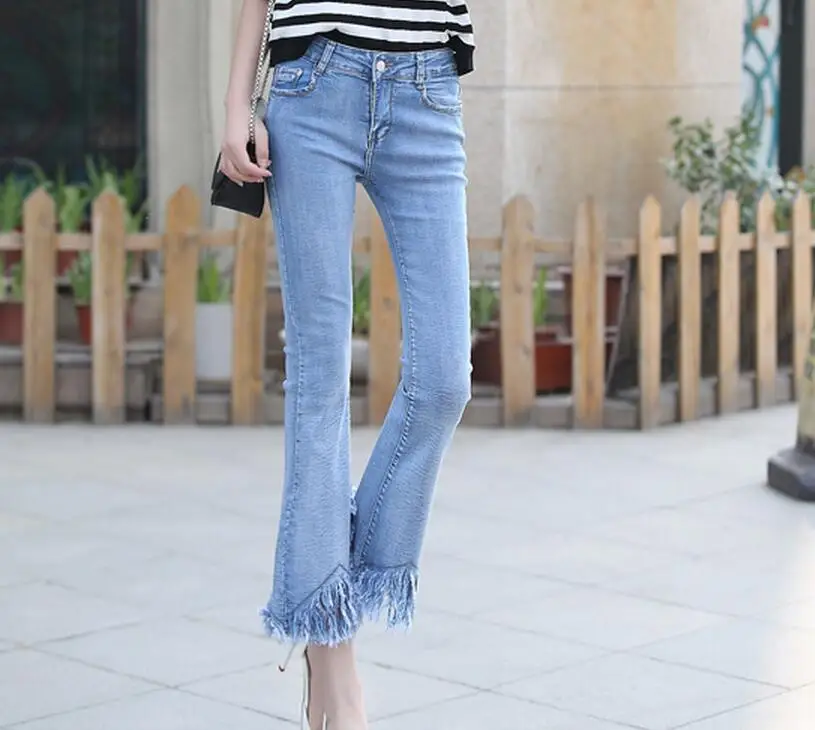 26-32 Горячее предложение весна женские новые Модные расклешенные брюки девять точек эластичного шоу тонкие кисточки заусенцы синие джинсы
