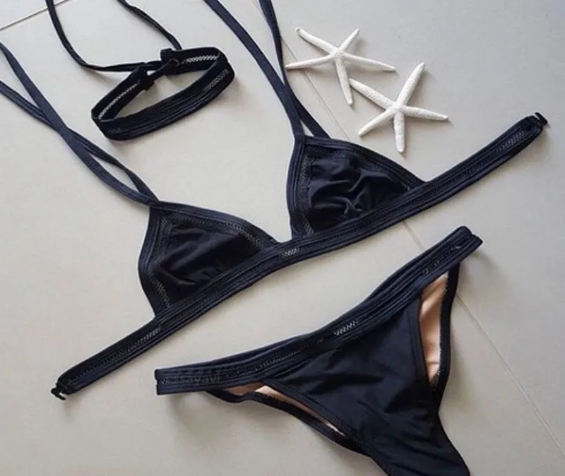 

Women New Hollow Bikini Sets Sexy Hot Sale Padded Two Pieces Swimsuit Black White Solid Thong Bikinis Monokini Swimwear 2019