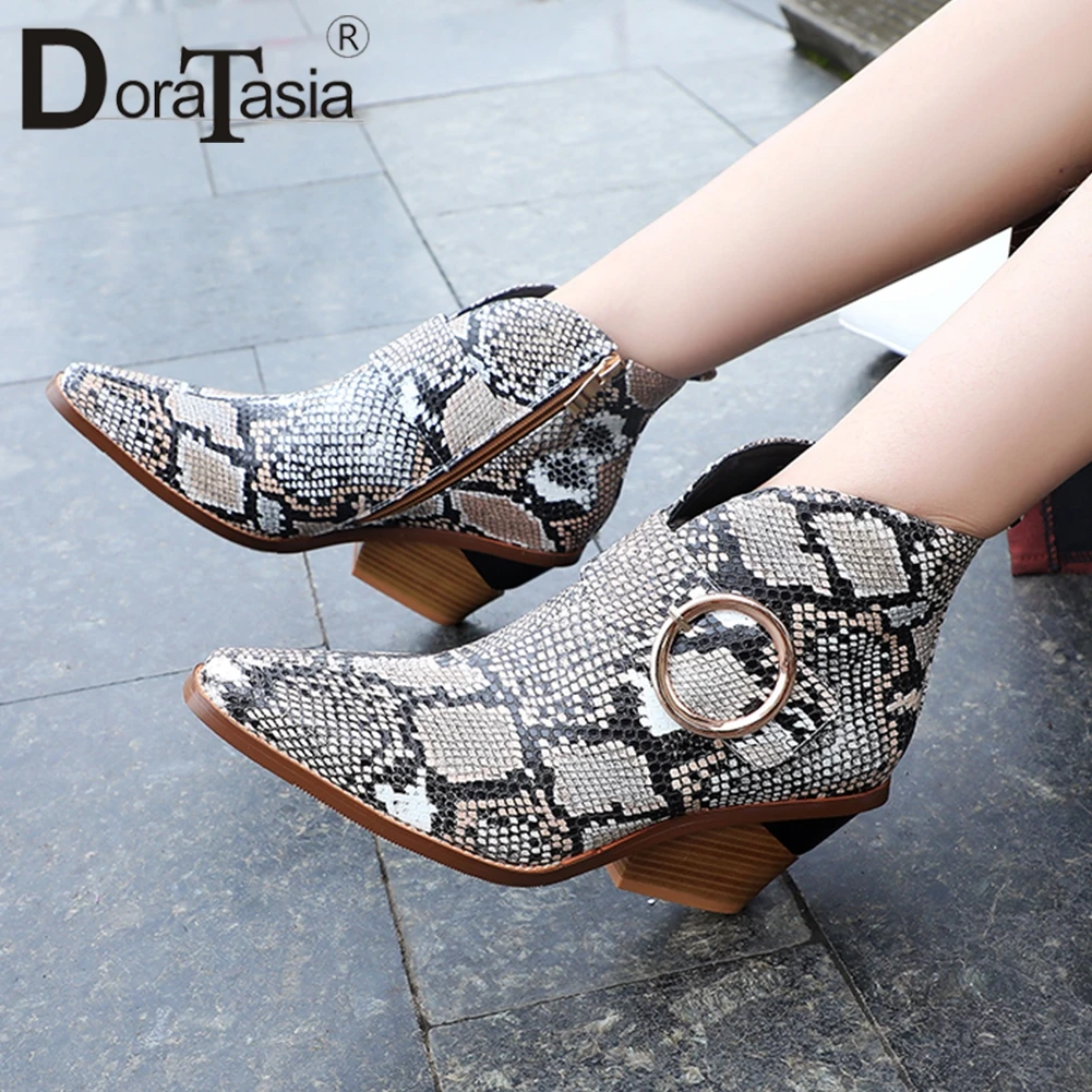 

DORATASIA brand new women Boots ladies high chunky Heels Pointed Toe belt Buckle shoes woman Ankle Boots Women big Size 34-44