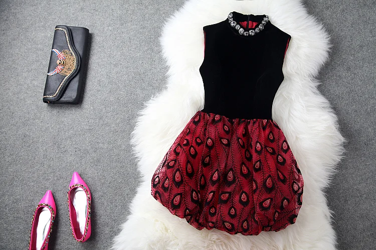 2014 New Fashion Women Mini Dress Cute Peacock Pattern With Necklace Print Party |