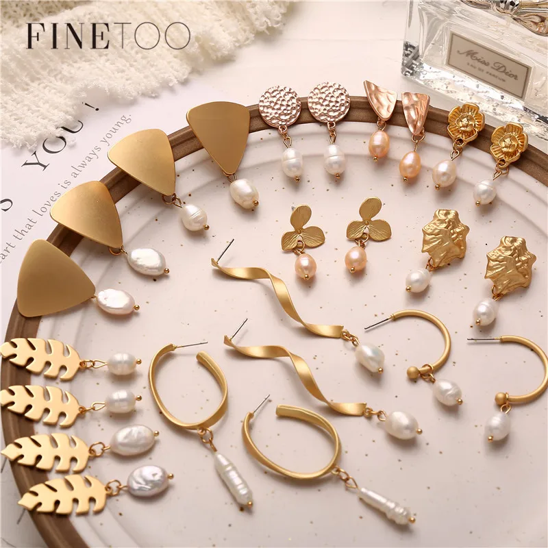 

Fashion Matte Gold Color Geometric Irregular Circle Triangle Leaf Flower Natural Freshwater Pearl Earrings for Women