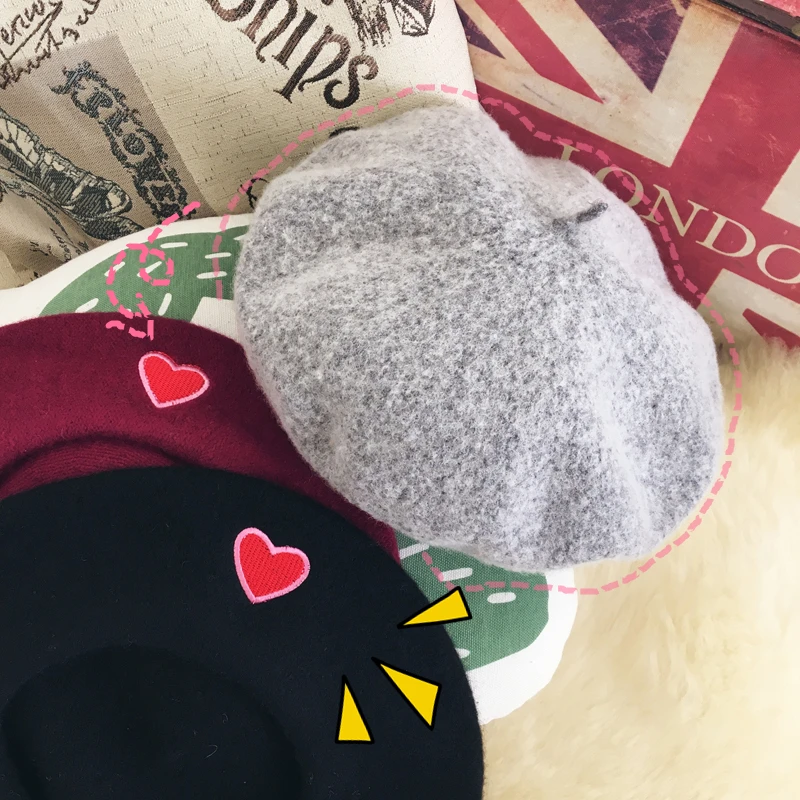 

Clearance-Sale Winter Beret Hat Women Female Soft Embroidery Woolen Knit Casual Simple Classic Basic Berets Hats With Love Heart