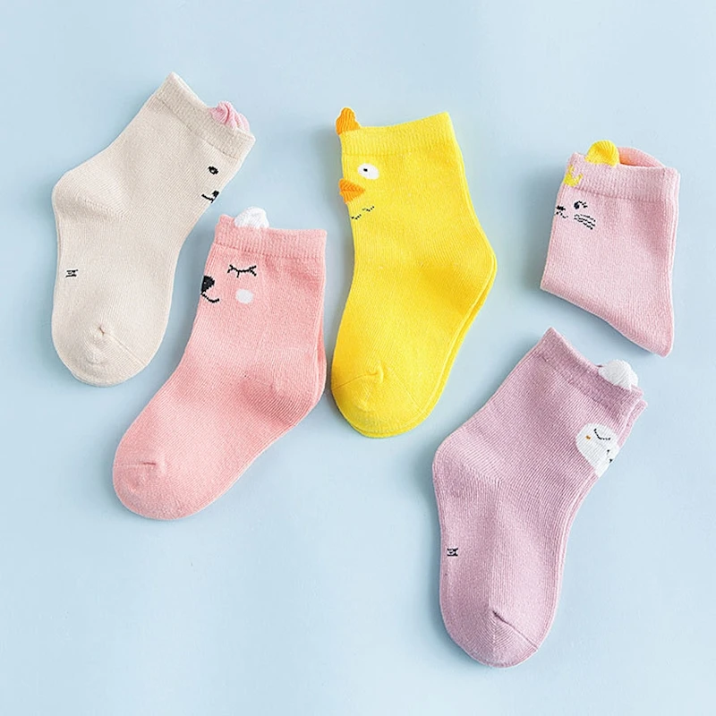 Myudi - 5 Pairs/lot Spring Children Socks Combed Cotton Baby Carton Animal Girl Sock Airy Boys Short Fox Kitty Socks 0-5Y