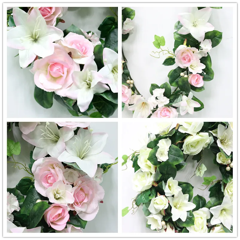 DIY Artificial Rose Lily Plants Green Leaves Simulation Cane Adornment Flowers Garland Home Wall Party Decor Vines Lintel Flower (4)_