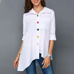 Для женщин с длинным рукавом Осень Весенняя блуза свободную рубашку красочные кнопки отказаться шеи подол нерегулярные твердого блузка