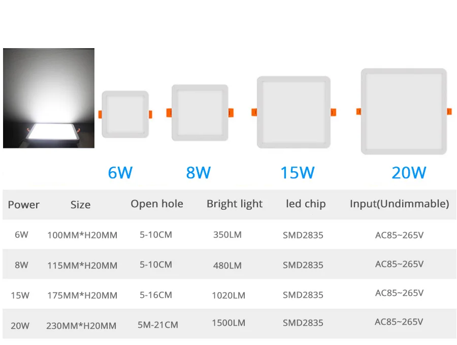 AC 85-265V Ультра тонкий круглый квадратный светодиодный панельный светильник 6W 8W 15W 20W Алюминиевый Потолочный встраиваемый светильник с открытым отверстием Регулируемая лампа