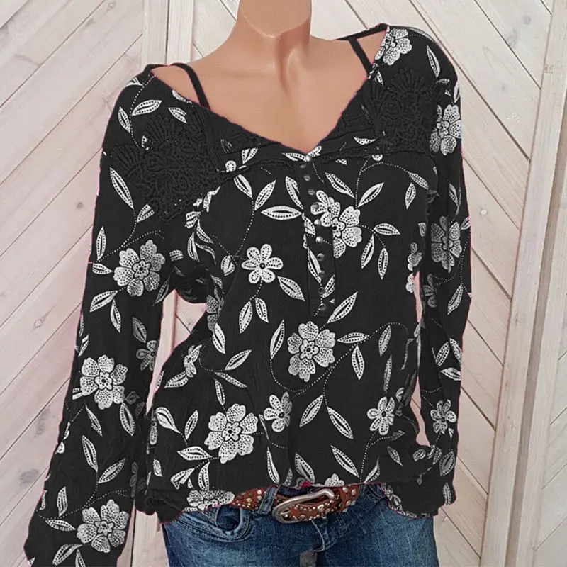 

Women's Floral Print Lace Shirt Top Blouse Plus Size 5XL Long Sleeve Patchwork Black Feminine Blouse 2019 Summer Shirts Tops