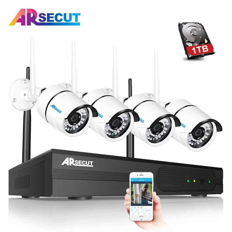 

ARSECUT Wireless 960P 4CH CCTV Camera System 4 Cameras Outdoor WIFI Video Surveillance Kit IR NightVison Security Camera System
